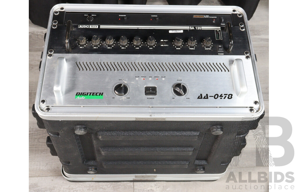 Digitech Audio AA0478 Power Amplifier, Audio Telex SA120 Six Chanel Mixer Amplifier & Redback A2060 Stereo Compander, All Rack Mounted in Hard Road Case