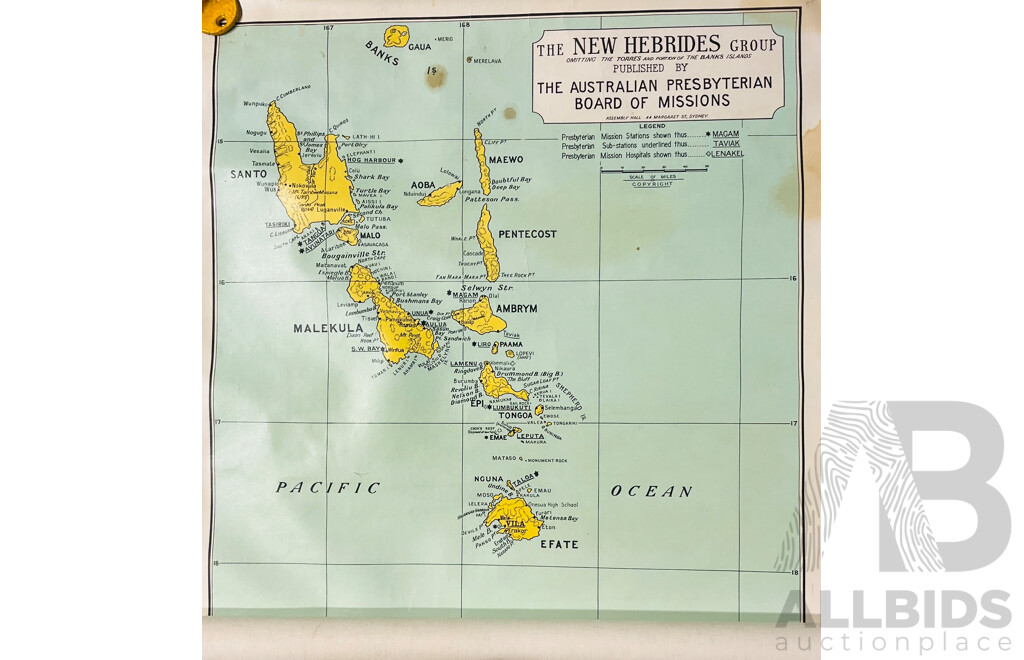 Vintage Australian Canvas Map of Missionary Stations in the New Hebrides