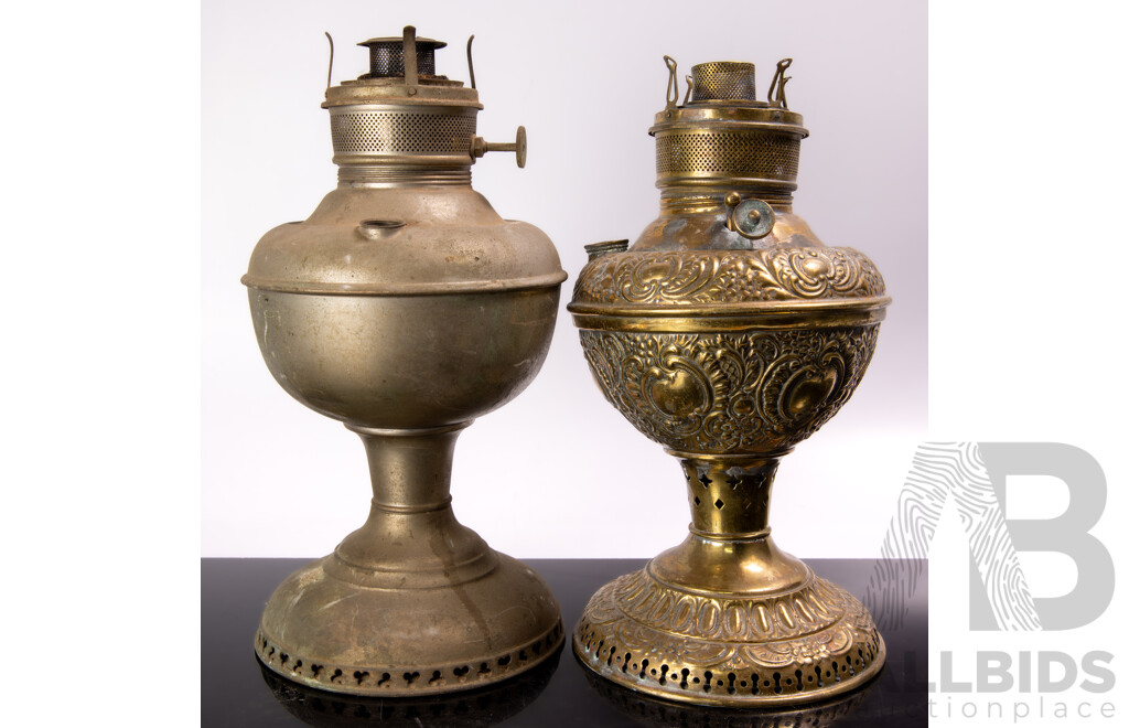 Two Antique Edward Miller & Co Oil Lamps, One with Brass Base and Font