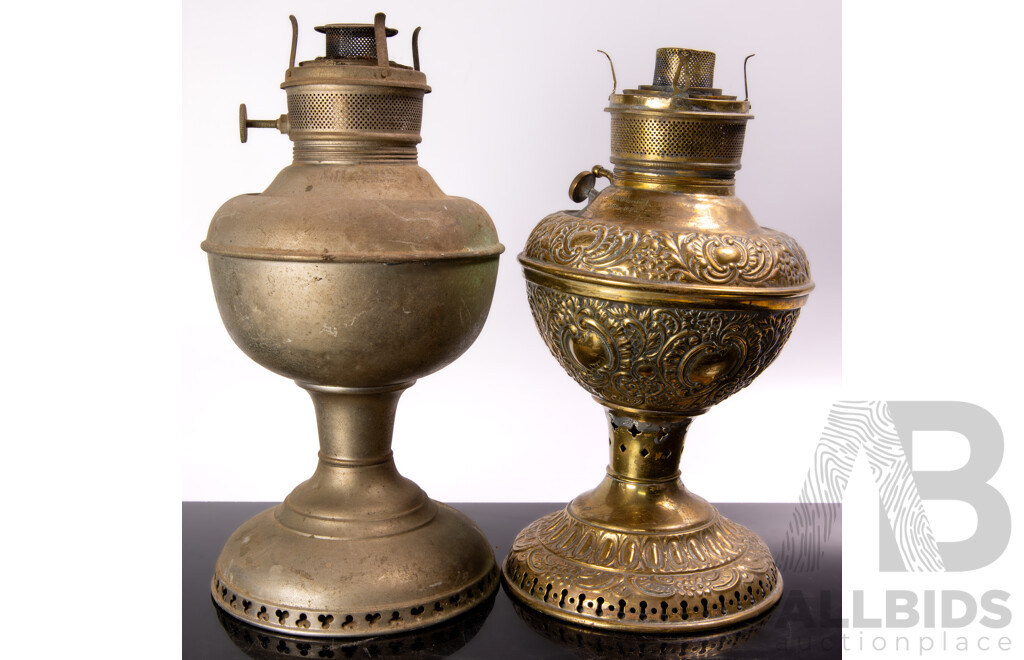 Two Antique Edward Miller & Co Oil Lamps, One with Brass Base and Font