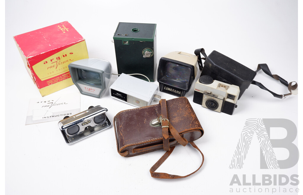 Vintage Kodak Instamatic 25 Camera, Brownie Camera, Two Slide Viewers, Leather Camera Case, Sports Binoculars, and a Flash Unit