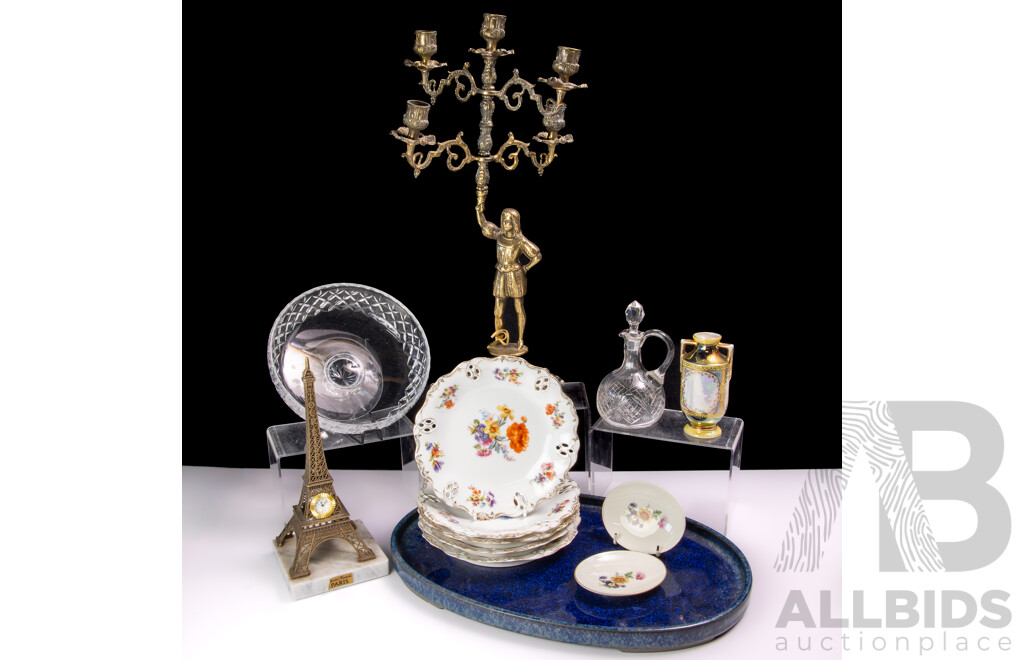 Collection Vintage Pieces Including Webb & Corbett Crystal Dish, Japanese Studio Pottery Oval Platter, Brass Candelabra in Page Boy Form and More