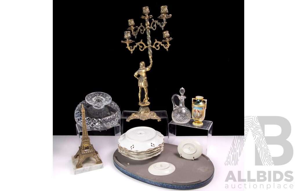 Collection Vintage Pieces Including Webb & Corbett Crystal Dish, Japanese Studio Pottery Oval Platter, Brass Candelabra in Page Boy Form and More