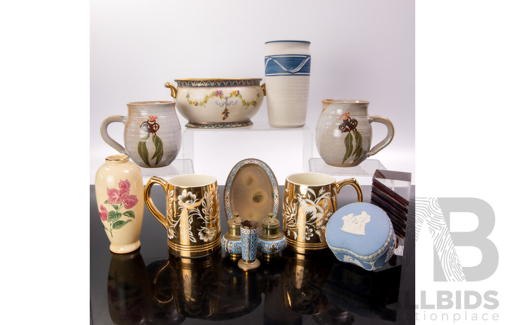 Collection Quality Items Including Wedgwood Jasperware Lidded Trinket Dish, Pair Wedgwood Gilded Mugs, Pair Studio Pottery Mugs & Vase and More
