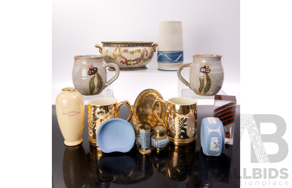 Collection Quality Items Including Wedgwood Jasperware Lidded Trinket Dish, Pair Wedgwood Gilded Mugs, Pair Studio Pottery Mugs & Vase and More