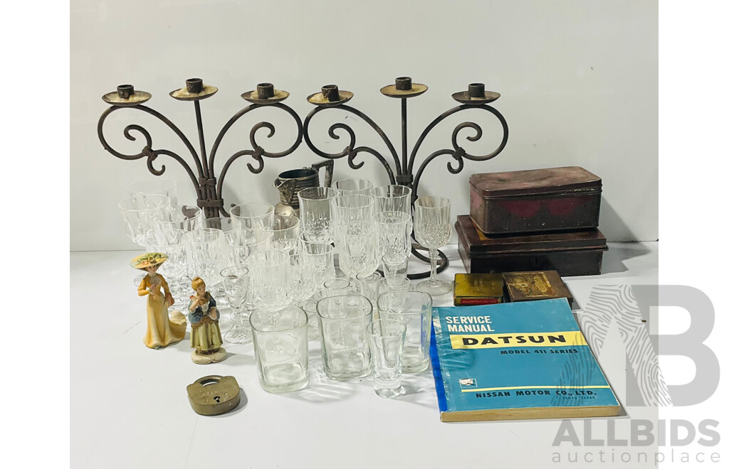 Collection Items INcluding Stem Ware, Pair Iron Candle Holders and More