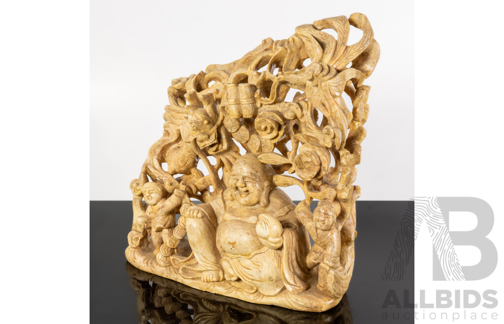 Ornate Hand Carved Vietnamese Soft Stone Laughing Buddha Statue