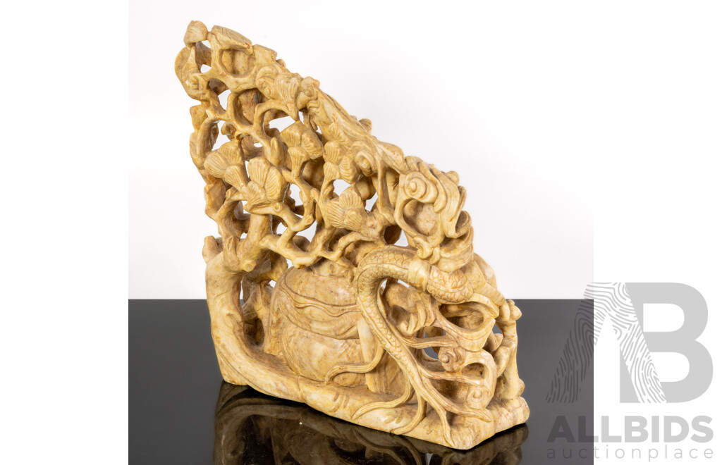 Ornate Hand Carved Vietnamese Soft Stone Laughing Buddha Statue