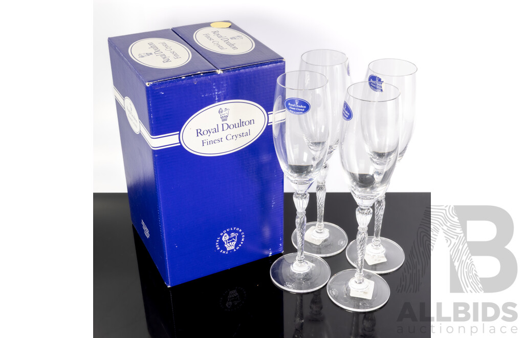 Set Four Royal Doulton Crystal Oxford Stemware Champagne Flutes in Original Box