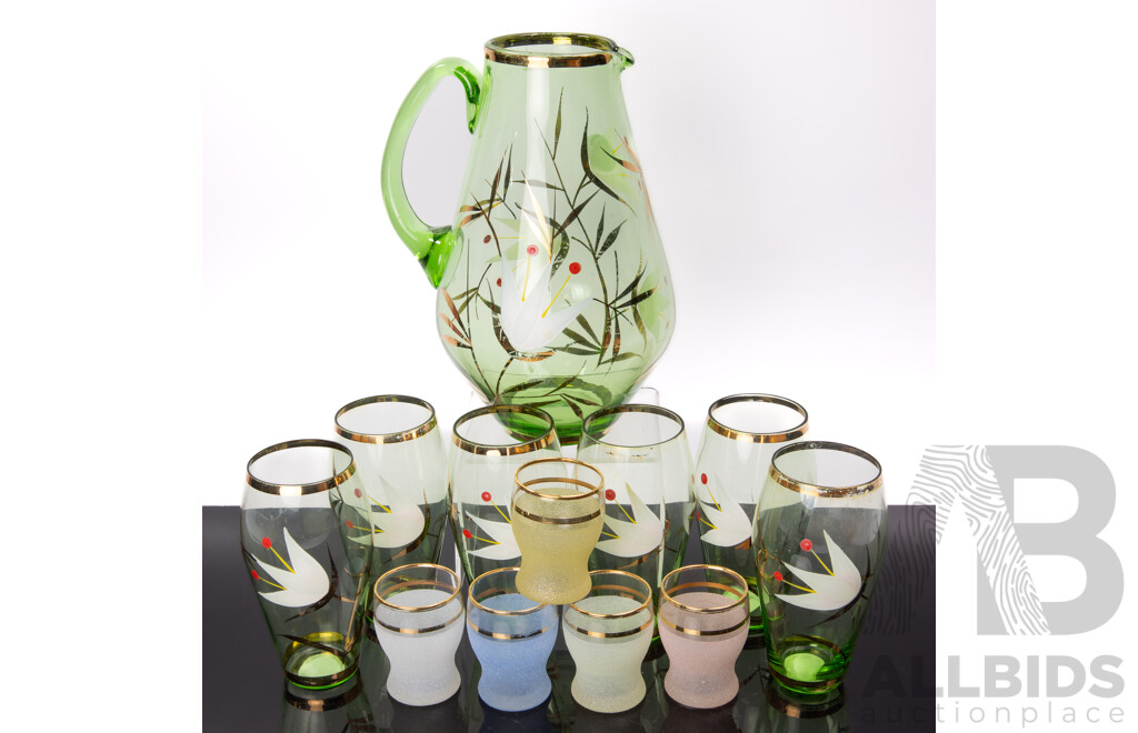 Vintage Hand Blown and Painted Pitcher with Set Six Matching Tumblers Along with Set Five Other Glasses