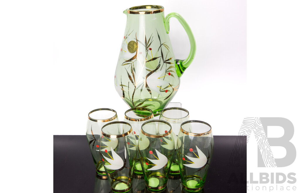 Vintage Hand Blown and Painted Pitcher with Set Six Matching Tumblers Along with Set Five Other Glasses