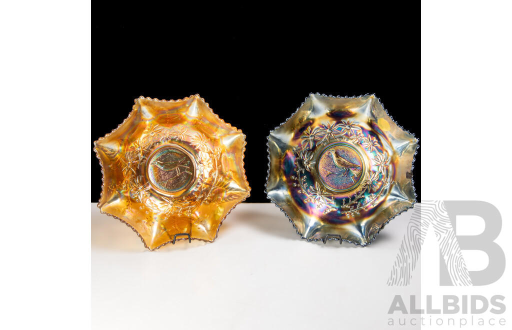 Two Pieces Vintage Crown Crystal Carnival Glass Dishes with Bird Motif to Interior and Fluted Rims