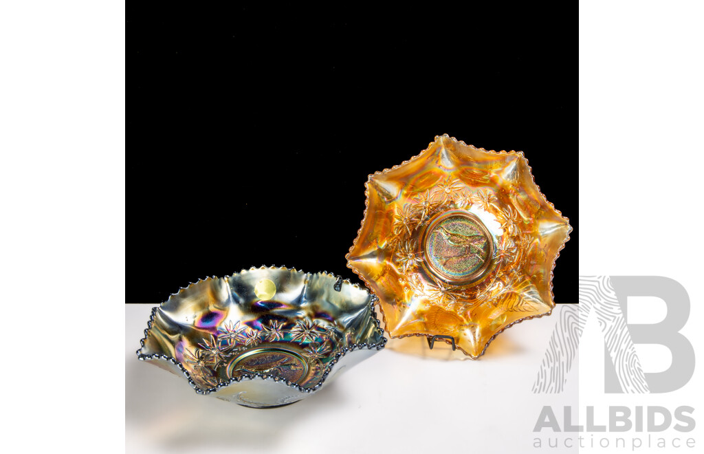 Two Pieces Vintage Crown Crystal Carnival Glass Dishes with Bird Motif to Interior and Fluted Rims