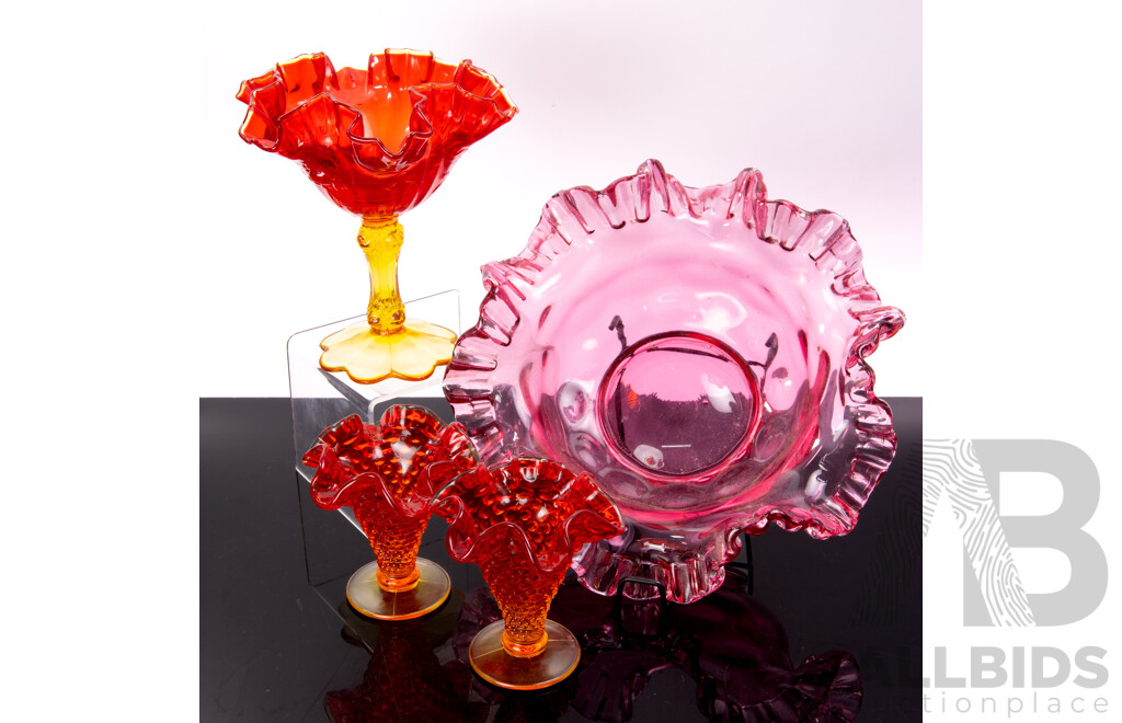 Vintage Cranberry Glass Dish with Dimpled Body & Fluted Rim Along with Set Three Fluted Rimmed Hob Glass Pieces