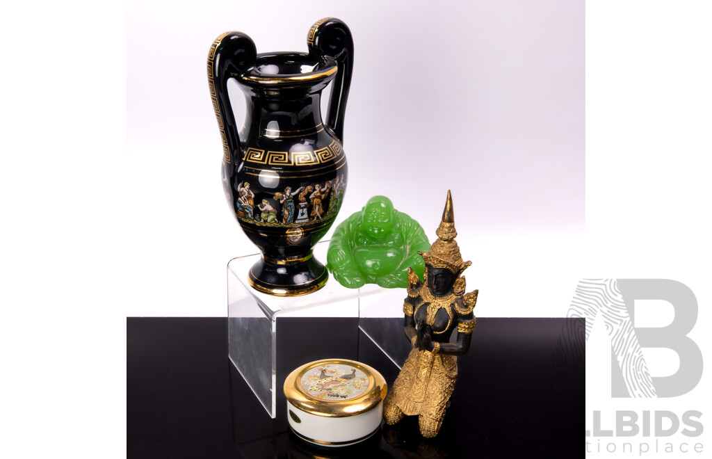 Thai Bronze Figure, Green Glass Chinese Buddha Figure, Chokin Ware and Greek Classical Style Vase Both Decorated in 25KT Gold