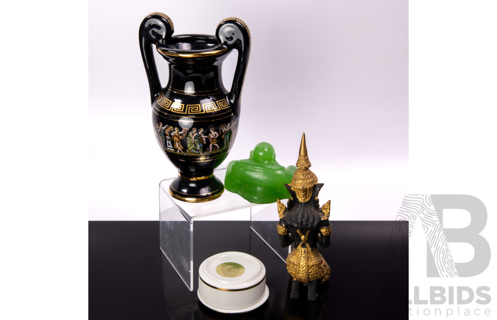 Thai Bronze Figure, Green Glass Chinese Buddha Figure, Chokin Ware and Greek Classical Style Vase Both Decorated in 25KT Gold