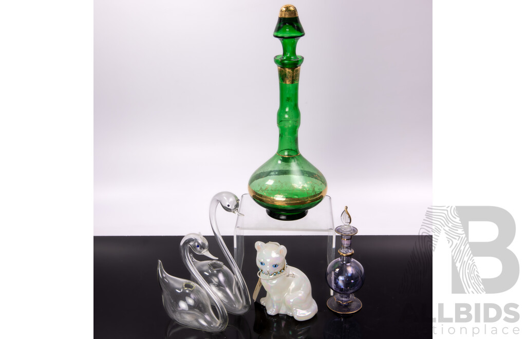 Collection Items Comprising Fenton Glass Cat Figure, Two Art Glass Swans, Green Continental Decanter with Stopper & Art Glass Perfume Bottle
