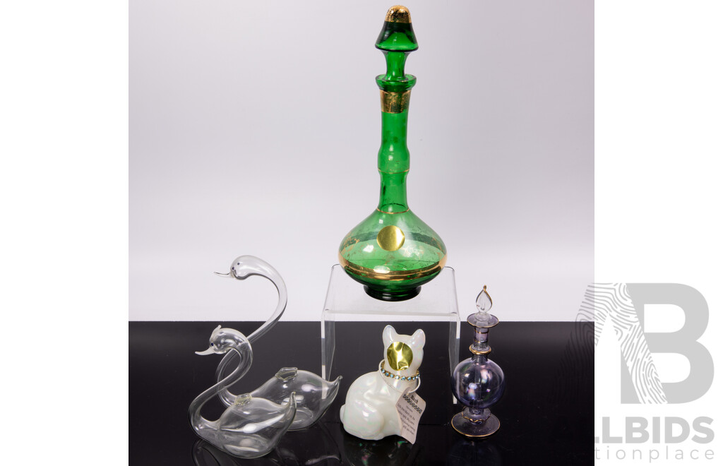 Collection Items Comprising Fenton Glass Cat Figure, Two Art Glass Swans, Green Continental Decanter with Stopper & Art Glass Perfume Bottle
