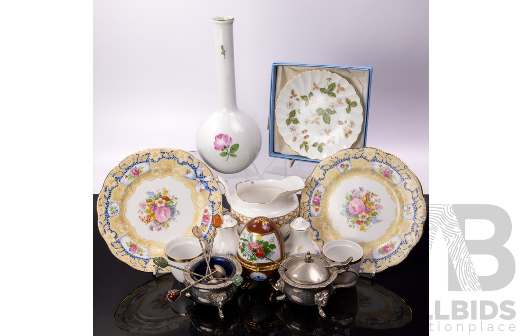 Collection Items Including SIlver Plate Salt Cellars with Lions Feet Detail, Five Pieces Various Royal Albert Porcelain, Wedgwood Jasperware Plate in Original Box and More
