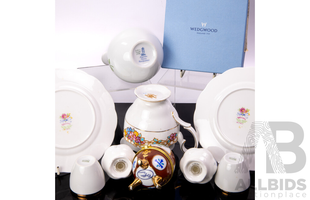Collection Items Including SIlver Plate Salt Cellars with Lions Feet Detail, Five Pieces Various Royal Albert Porcelain, Wedgwood Jasperware Plate in Original Box and More