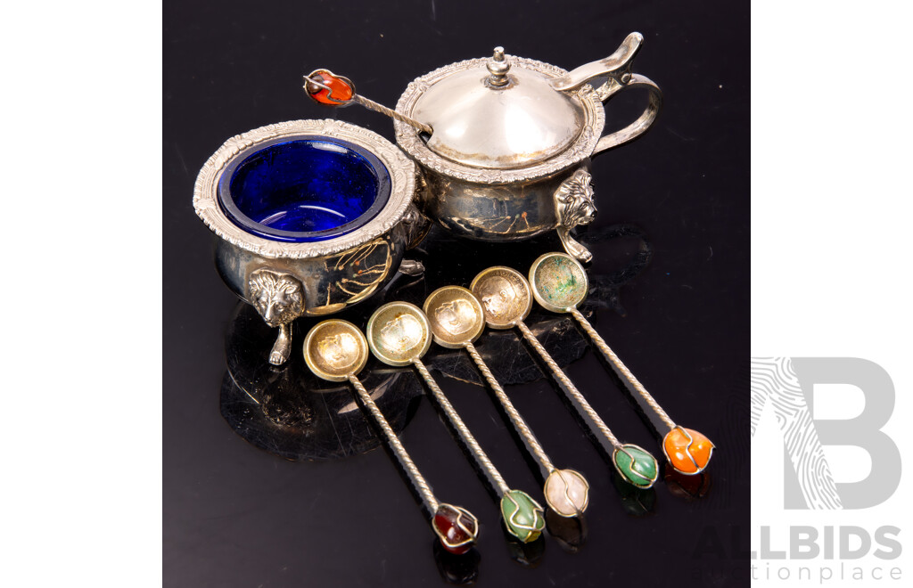 Collection Items Including SIlver Plate Salt Cellars with Lions Feet Detail, Five Pieces Various Royal Albert Porcelain, Wedgwood Jasperware Plate in Original Box and More