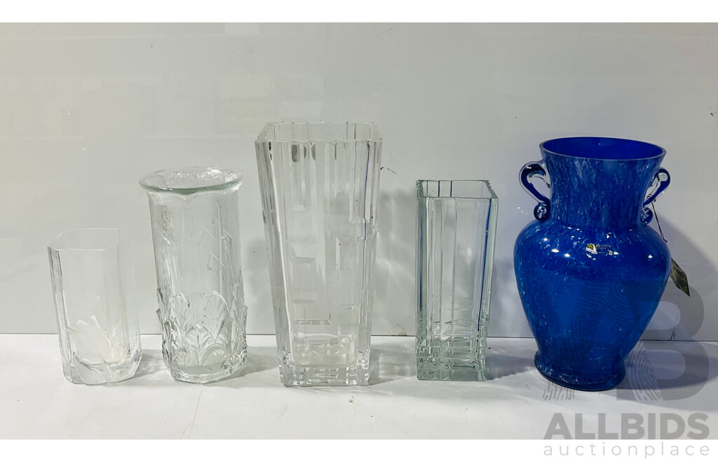 Collection Glass Vases Including Hand Blown Blue Danube Twin Handled Vase, Fidenza Glass Vase and More