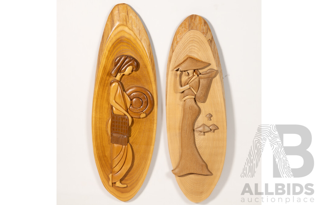 (Chinese School), Pair of Carved Wooden Reliefs, 51 x 17 cm (largest) (2)