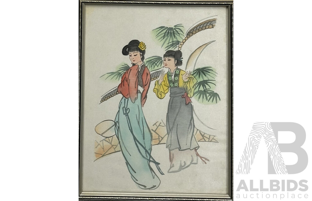 Artist Unknown, (Japanese School, 20th Century), Japanese Girls, Vintage Pigment and Ink on Cloth, 36 x 27 cm (frame)