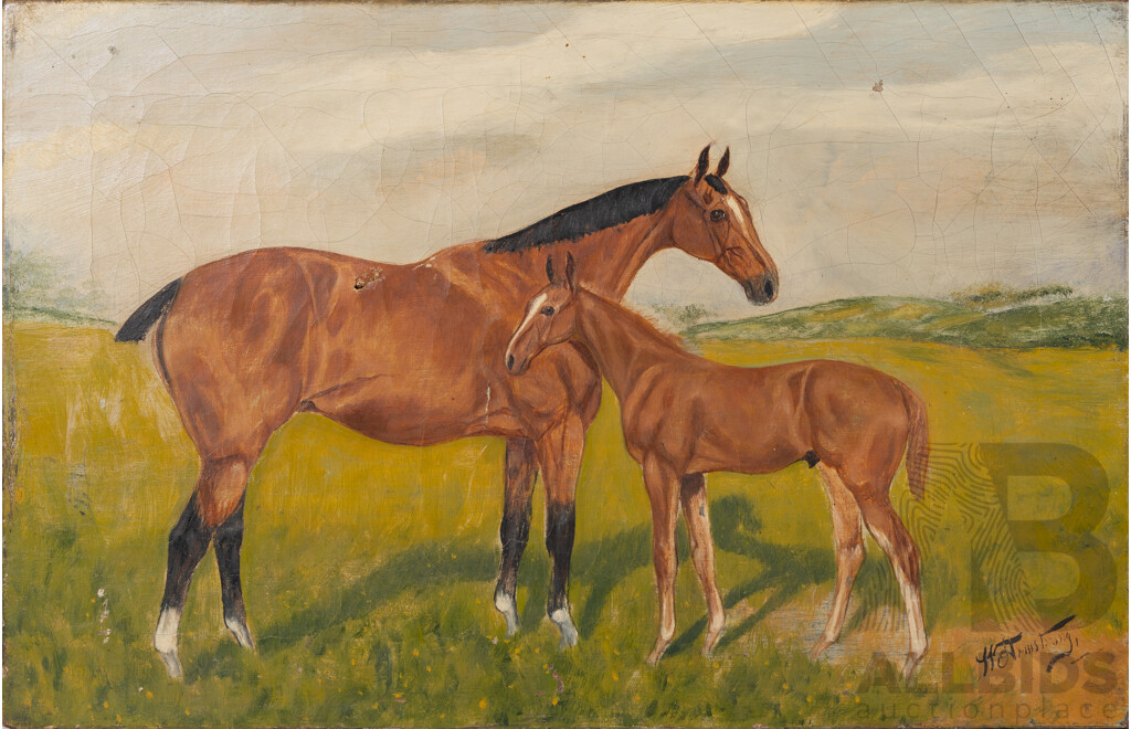 (Possibly) Harry Armstrong, (19th/20th Centuries), Horses - Mare with Foal, Antique Oil on Canvas, 33 x 51 cm