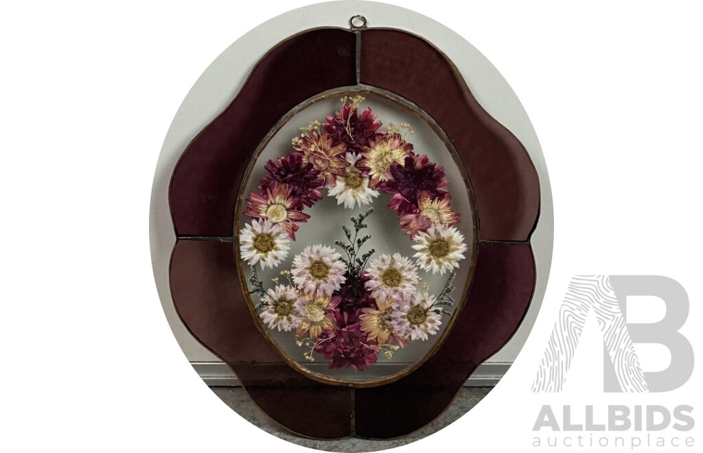 Vintage Dried Flowers in Leadlight Glass Frame, 33 x 28 cm