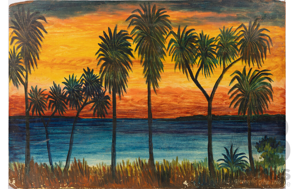Glenville Pike, (20th Century, Australian, 1925-2011), Blue Water with Palms at Dawn (1966), Vintage Oil on Masonite, 37 x 54 cm
