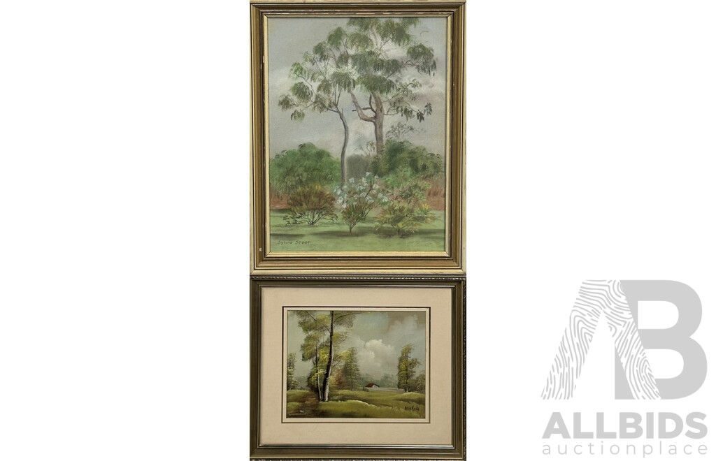 Pair of Vintage Framed 20th Century Landscapes - Sylvia Steer, (Date Unknown), Gum Trees, Pastel 43 x 33 cm  & Jonson, (Date Unknown), Secluded House, Oil on Canvas, 35 x 40 cm (frames) (2)
