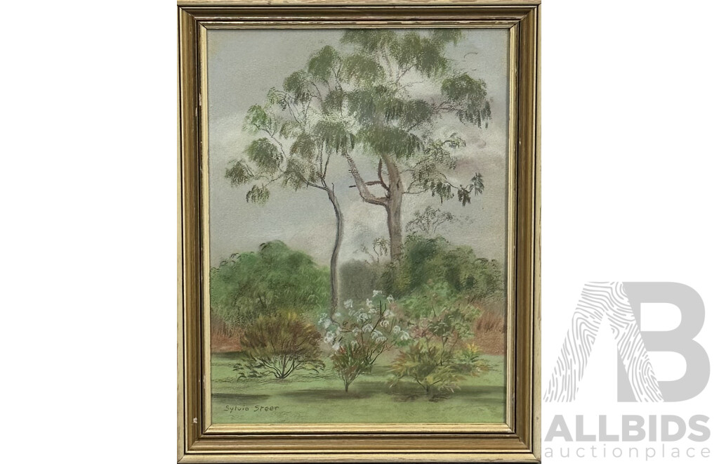 Pair of Vintage Framed 20th Century Landscapes - Sylvia Steer, (Date Unknown), Gum Trees, Pastel 43 x 33 cm  & Jonson, (Date Unknown), Secluded House, Oil on Canvas, 35 x 40 cm (frames) (2)