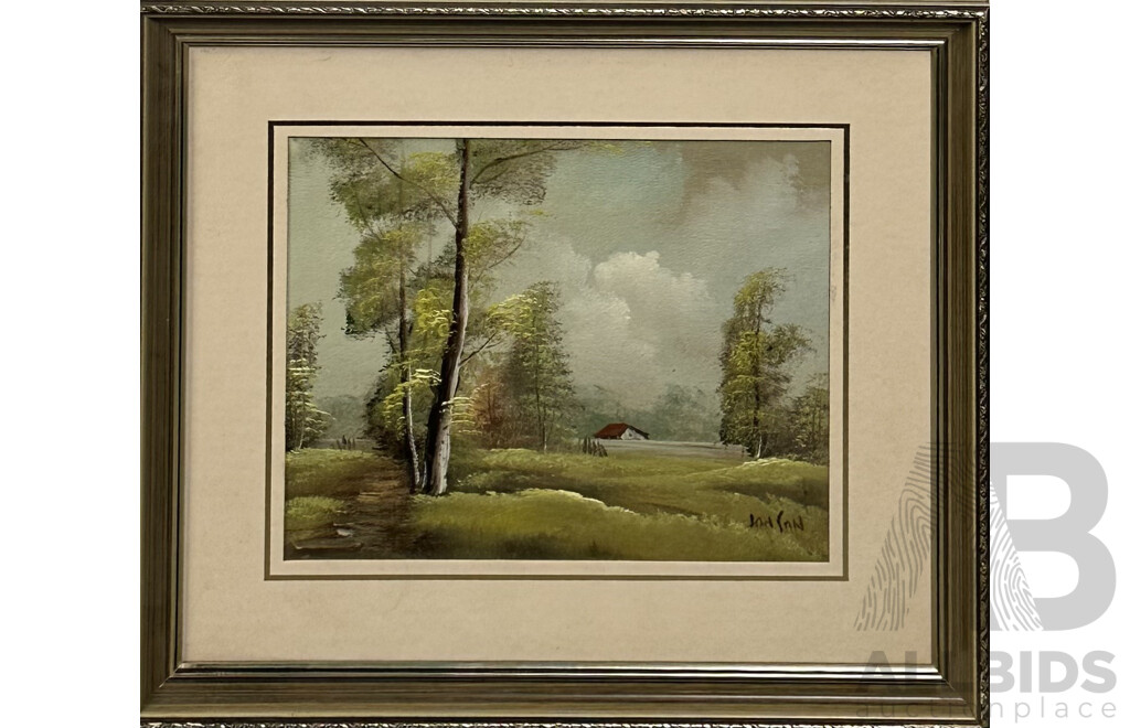 Pair of Vintage Framed 20th Century Landscapes - Sylvia Steer, (Date Unknown), Gum Trees, Pastel 43 x 33 cm  & Jonson, (Date Unknown), Secluded House, Oil on Canvas, 35 x 40 cm (frames) (2)