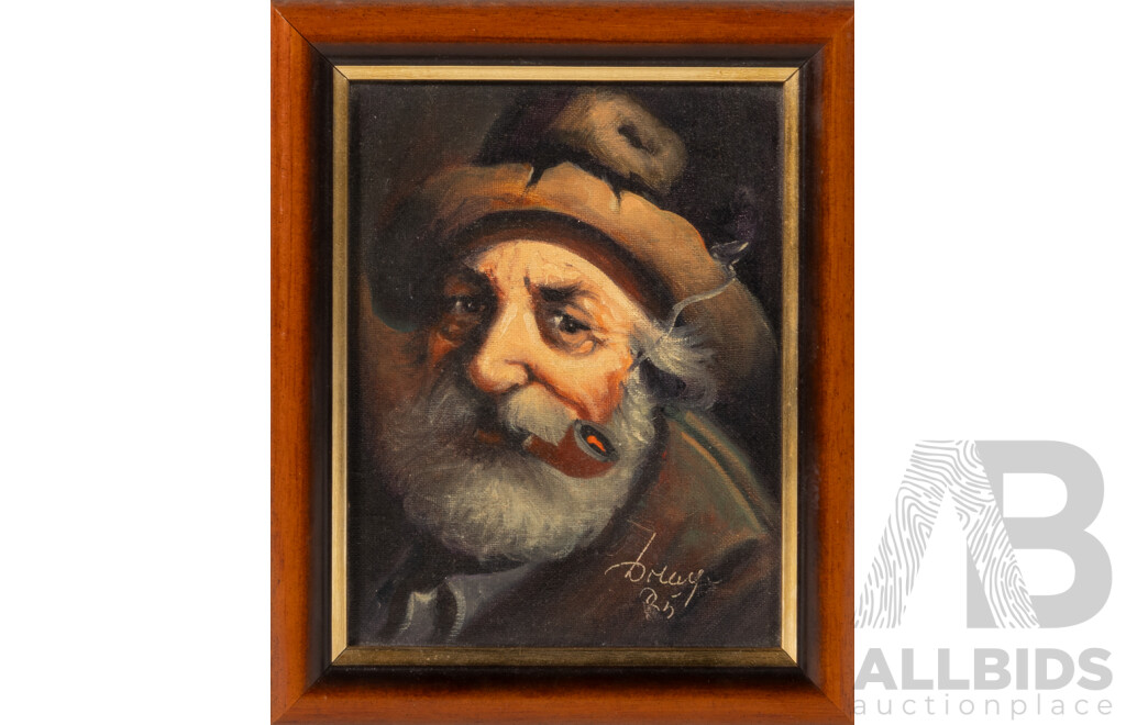 Bruy, (Exact Date Unknown), Old Fisherman with Pipe, Lovely Vintage Oil on Canvas, 22 X 18 Cm (frame)