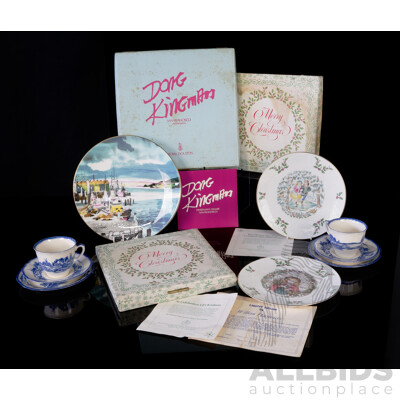 Collection Royal Doulton Porcelain Limited Edition Display Plates Comprising Dong Kingman, 1977 & 1978 Christmas Example All in Original Boxes Along with Two Norfolk Trios