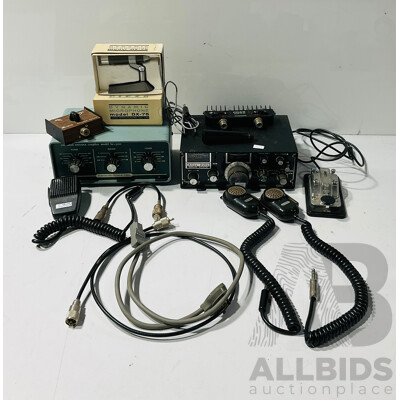 Collection of Vintage Radio and Communication Equipment Including Atlas 210x Radio Transceiver, Tokyo Hy-power Labs Hc-500, Two Kenwood Microphones and More