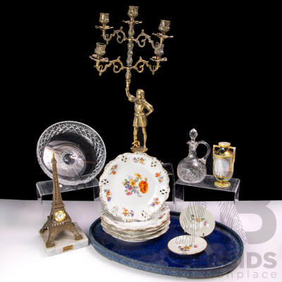 Collection Vintage Pieces Including Webb & Corbett Crystal Dish, Japanese Studio Pottery Oval Platter, Brass Candelabra in Page Boy Form and More