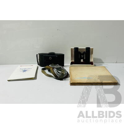 Collection Vintage Items Relating to Travel and Photography Including Pair of Pilots Goggles, the Story of the Nautilus, Pair of Zeiss 10x25B Binoculars and More
