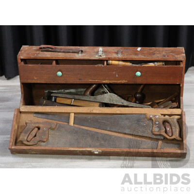Vintage Wooden Tool Trunk with Selection Tools Including Swedish Chisels, Stanley Planes Including Number 7 and More