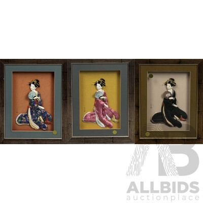 Lovely Trio of Vintage Porcelain Japanese Geisha Girls Framed in Shadow Boxes, 50 x 39 cm (frames) (3)