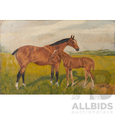 (Possibly) Harry Armstrong, (19th/20th Centuries), Horses - Mare with Foal, Antique Oil on Canvas, 33 x 51 cm