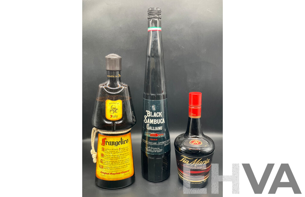 FRANGELICO 1.0L, GALLIAO Black Sambuce 1.0L, TIA MARIA 700ml - Lot of 3
