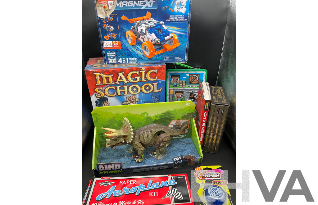 Assorted Kids Books and Toys Including MINECRAFT, MAGNEXT, Dino Planet and More - Lot of 8