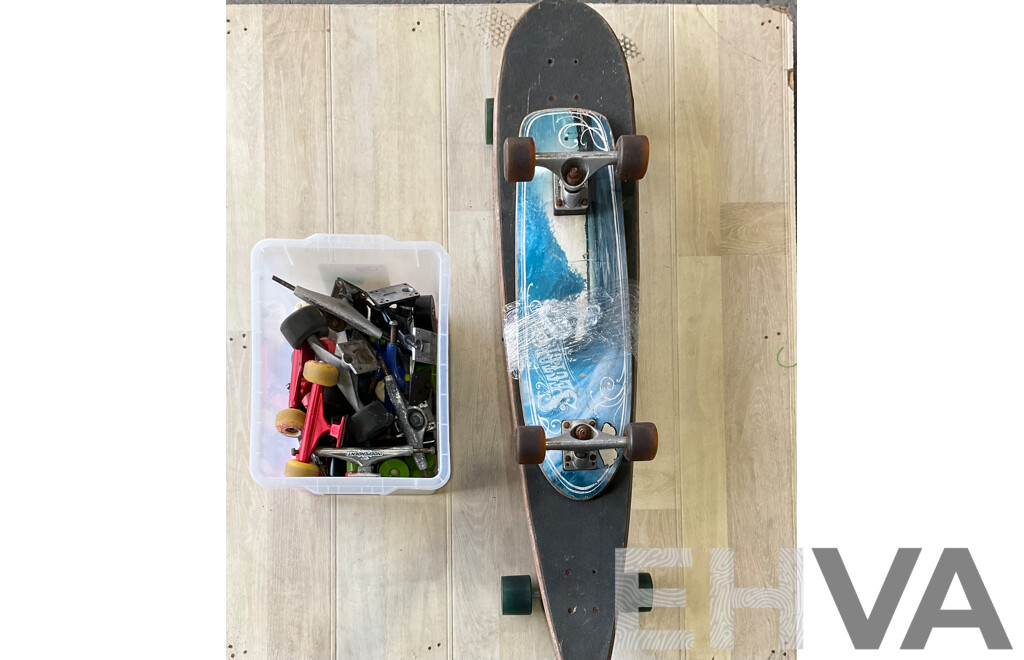 1x Longboard & 1x Shortboard with Box of Skate Gear