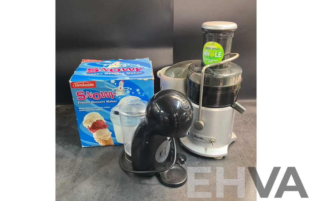 BREVILLE Juice Fountain & Sunbeam Frozen Dessert Maker & NESCAFE Dolce Gusto Coffee Machine - Lot of 3