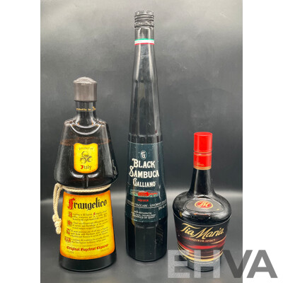 FRANGELICO 1.0L, GALLIAO Black Sambuce 1.0L, TIA MARIA 700ml - Lot of 3