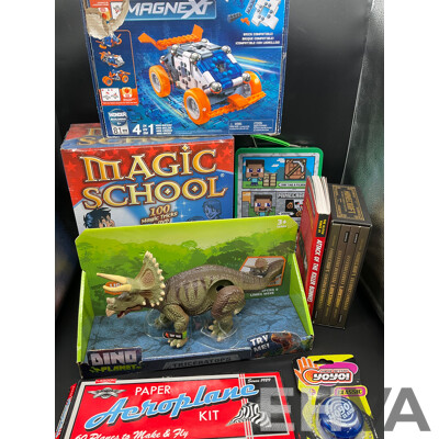 Assorted Kids Books and Toys Including MINECRAFT, MAGNEXT, Dino Planet and More - Lot of 8