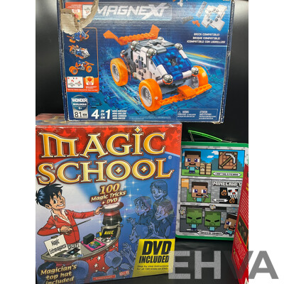 Assorted Kids Books and Toys Including MINECRAFT, MAGNEXT, Dino Planet and More - Lot of 8