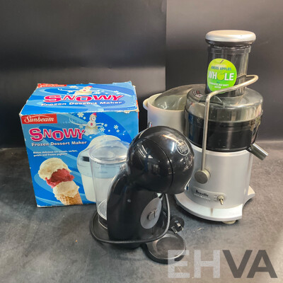 BREVILLE Juice Fountain & Sunbeam Frozen Dessert Maker & NESCAFE Dolce Gusto Coffee Machine - Lot of 3